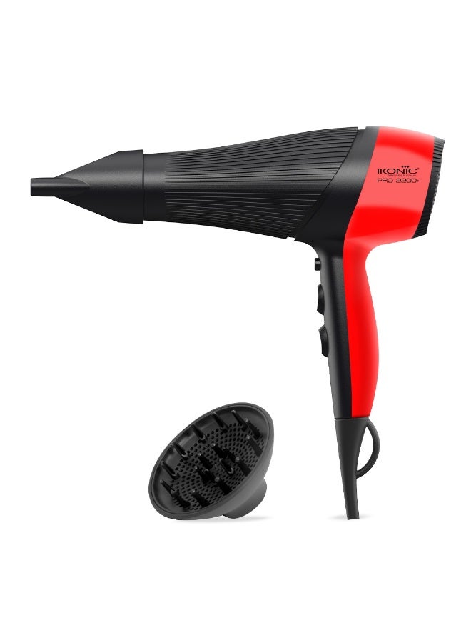 أي كونيك مجفف شعر Ikonic Pro 2200+، بقدرة 2200 واط مع محرك AC قوي، تقنية الأيونات، سرعتان و3 إعدادات للحرارة، زر هواء بارد (Cool Shot)، ضوضاء منخفضة، مع موزّع هواء وفوهة، مناسب للنساء والرجال، أحمر وأسود، مناسب لجميع أنواع الشعر. - Image 1